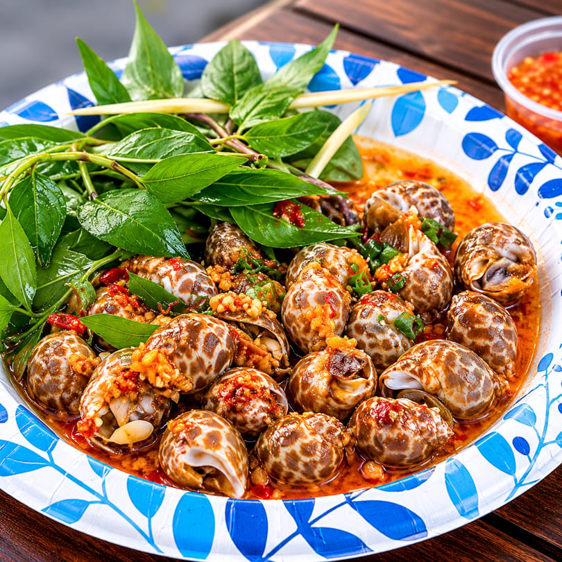 Spicy snails in a white and blue patterned bowl, garnished with fresh basil and chili sauce.